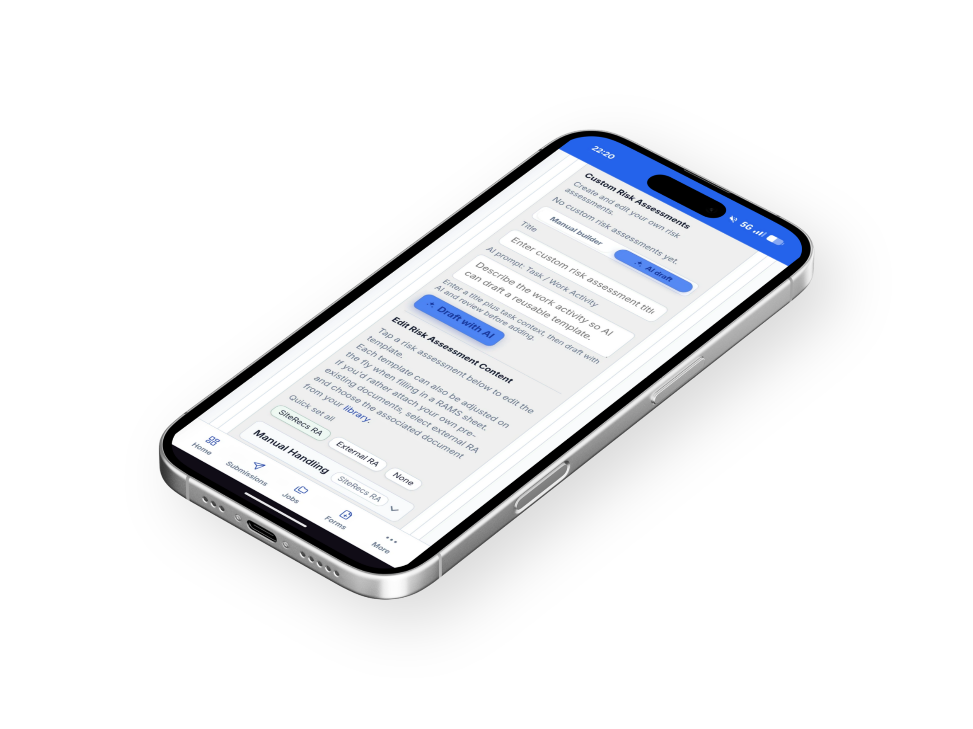 SiteRecs mobile app custom risk assessment screen with manual and AI draft controls