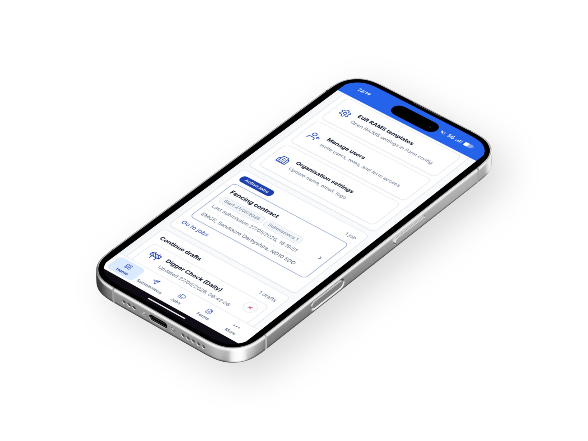 SiteRecs mobile app home screen showing jobs, drafts, quick actions, and navigation