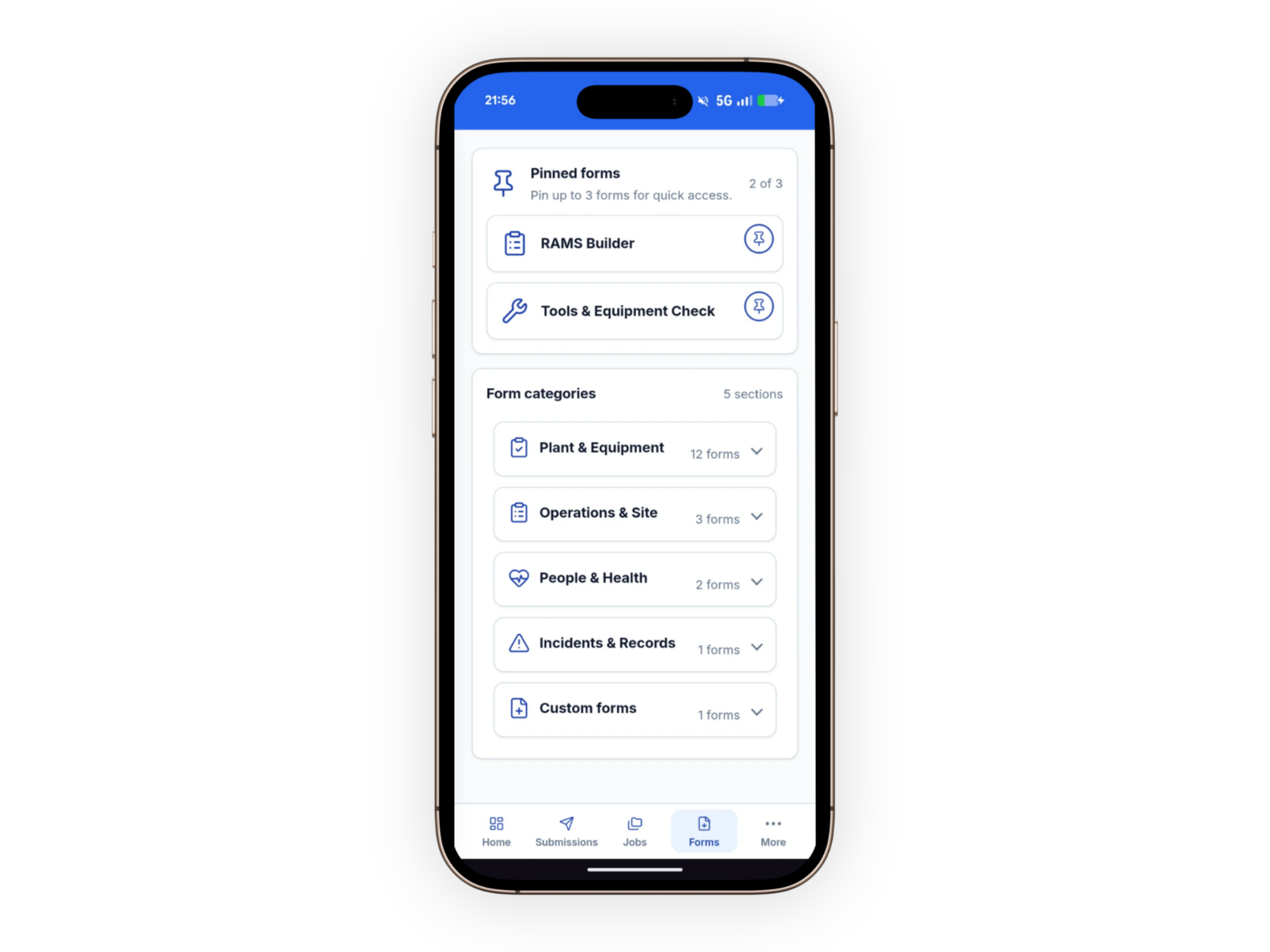 SiteRecs mobile forms screen with pinned forms and form categories