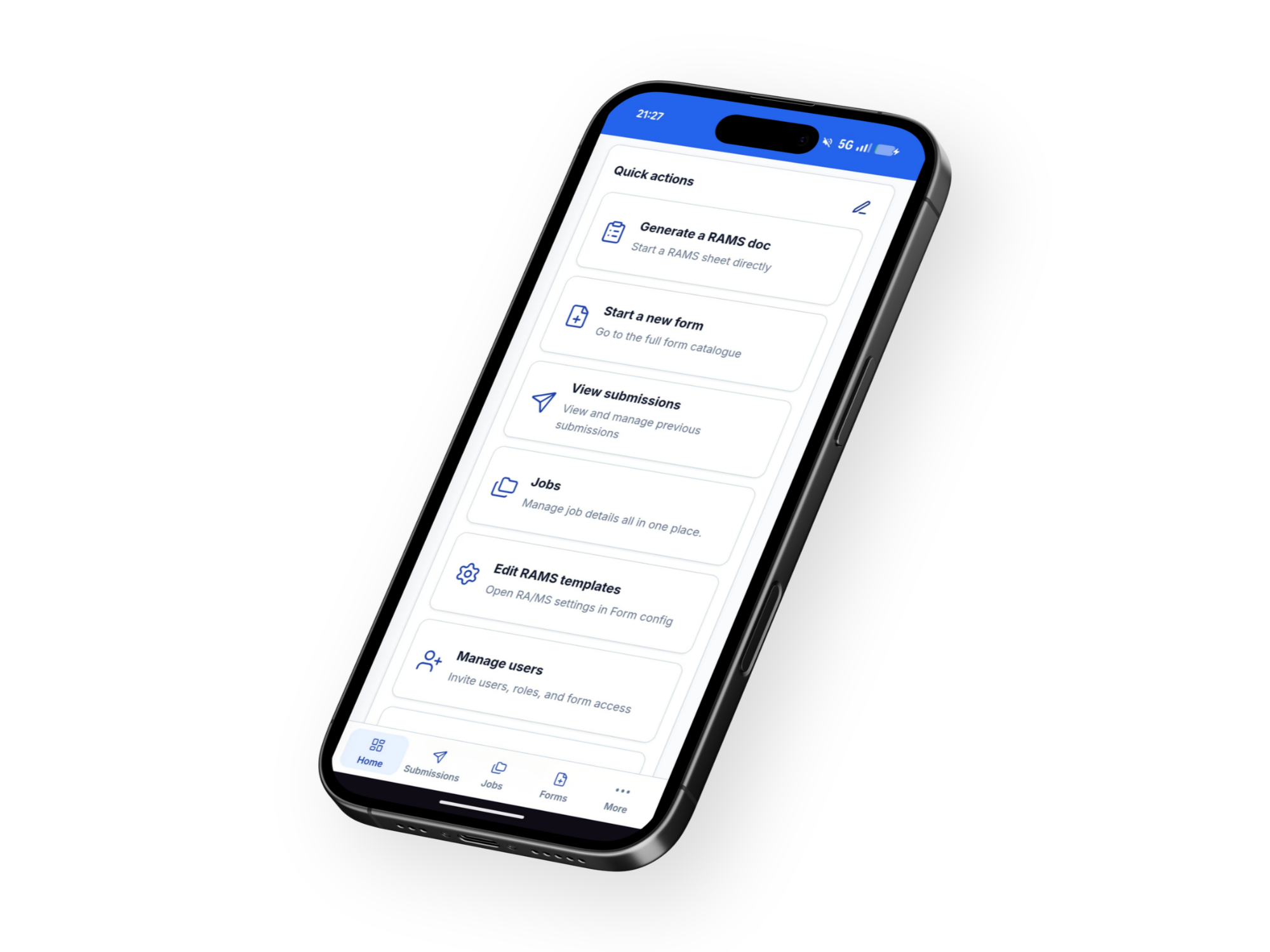 SiteRecs mobile home screen with quick actions for RAMS, forms, submissions, jobs, templates, and users