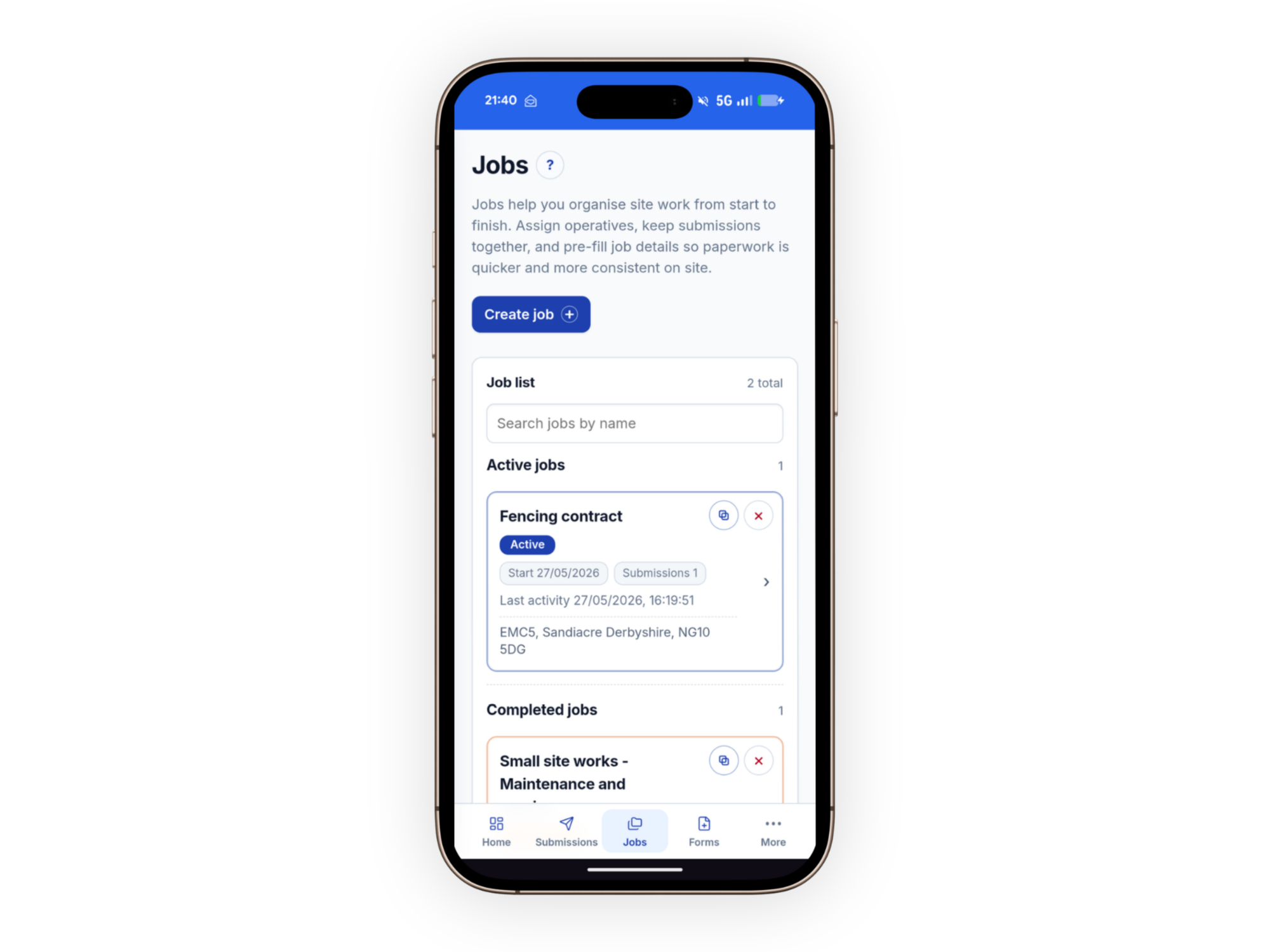 SiteRecs mobile jobs screen with active and completed job records