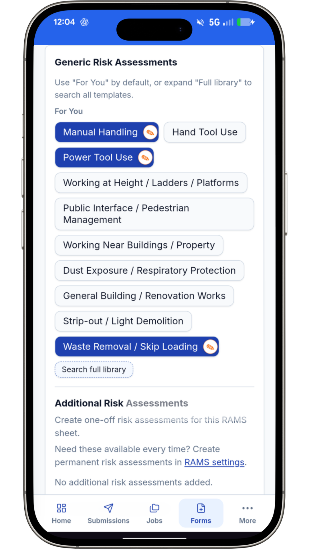 RAMS risk assessment library on a phone