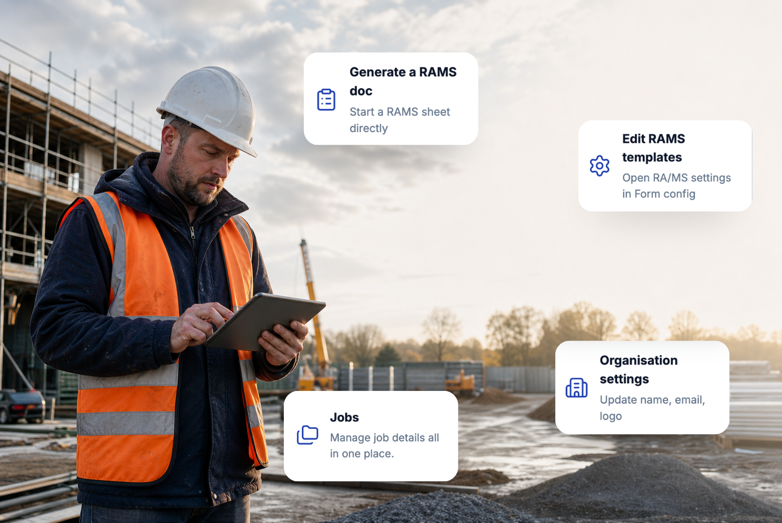 Tradesperson on site using tablet at a construction job